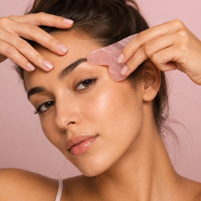 Mulher usa pedra rosa para massagem facial contra fundo rosa