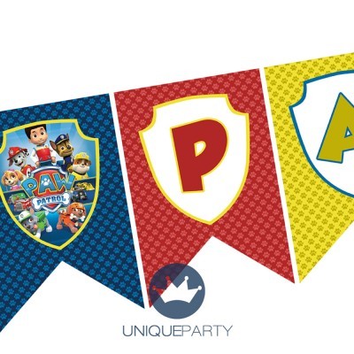 Bandeirolas coloridas para festa com letras e logotipo da Patrulha Pata