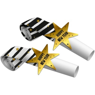 Apitos de festa decorados para o Ano Novo com estrelas douradas e riscas pretas e brancas.