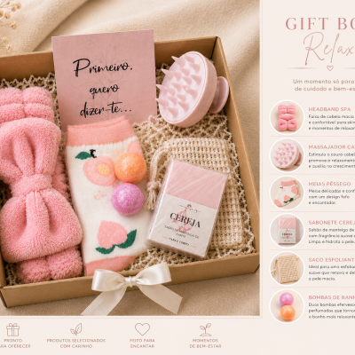 Caixa de presente relax com produtos de cuidado pessoal cor-de-rosa e pêssegos.
