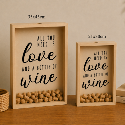 Dois quadros decorativos de madeira com rolhas e texto sobre amor e vinho