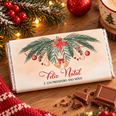 Barra de chocolate embrulhada com rótulo de Natal, pedaços de chocolate e decoração natalícia