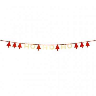 Guirlanda decorativa de Natal com árvores vermelhas e letras douradas HO HO HO