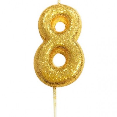 Vela de aniversário número 8 dourada com glitter