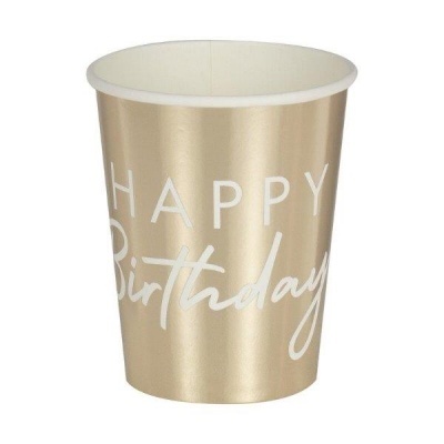 Copo de papel dourado com texto branco Happy Birthday