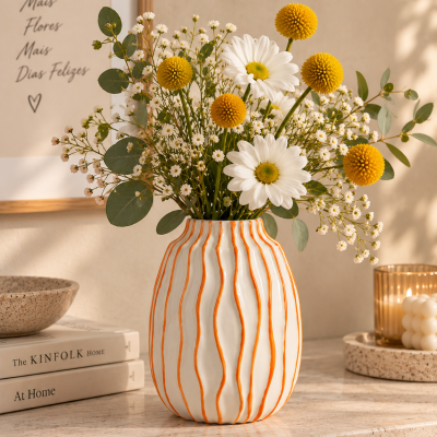 Vaso cerâmico branco com linhas laranja e flores naturais sobre mesa de pedra com livros e vela