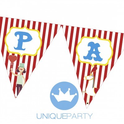 Bandeirolas de festa com letras P e A e imagens de palhaço e cavalo de carrossel