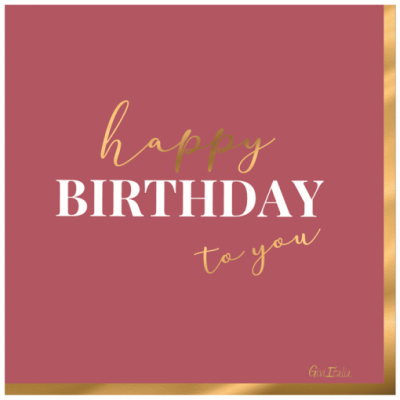 Cartão de aniversário vermelho escuro com texto dourado e branco e bordas douradas