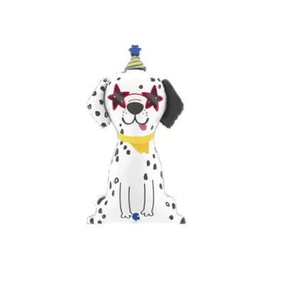 Balão de cão dálmata com óculos de estrela e chapéu de festa colorido