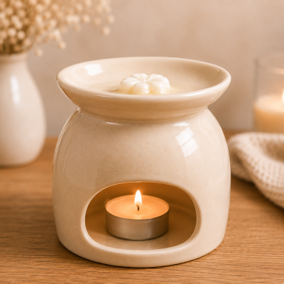 Difusor cerâmico creme com vela e cera em forma de flor