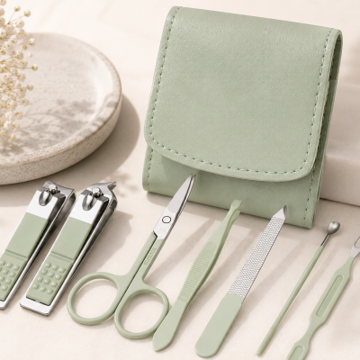 Conjunto de ferramentas de manicure verde menta com bolsa correspondente