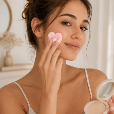 Mulher a aplicar pó compacto com esponja rosa em forma de coração