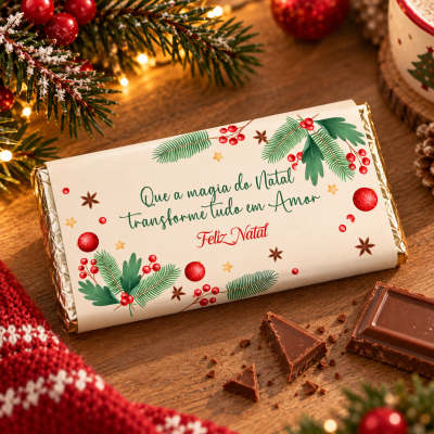 Barra de chocolate com embalagem natalícia e texto em português sobre uma mesa de madeira com decoração de Natal