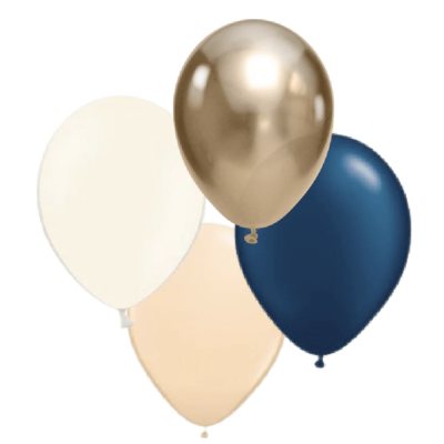 Quatro balões coloridos lisos em branco, dourado metálico, azul escuro e bege