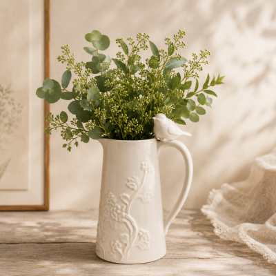 Jarro branco decorativo em cerâmica com flores em relevo e ramos verdes