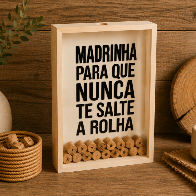 Caixa decorativa com texto em português e rolhas, vaso com plantas, cesto com rolhas e vela acesa numa mesa de madeira