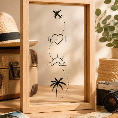 Quadro de madeira com desenhos de avião, coração com halteres, pôr do sol e palmeira numa mesa com objetos de viagem.