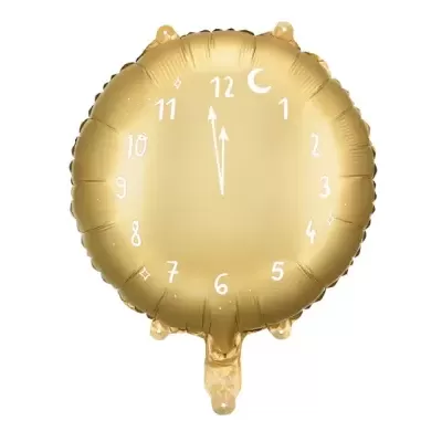 Balão redondo dourado com números de relógio brancos marcando 11:59