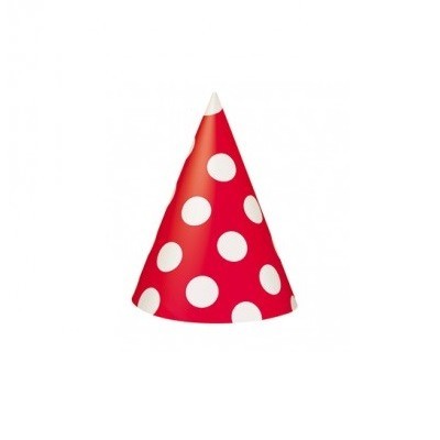 Chapéu de festa vermelho com bolinhas brancas em fundo branco