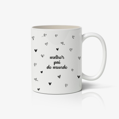Caneca branca com corações pretos e texto 'melhor pai do mundo'