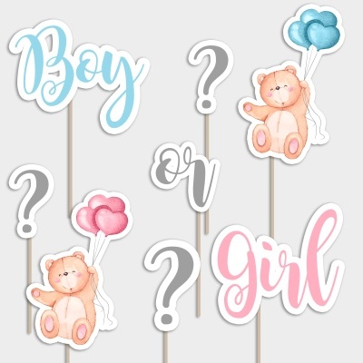 Toppers de festa com texto Boy, Girl e ursinhos com balões azuis e cor-de-rosa