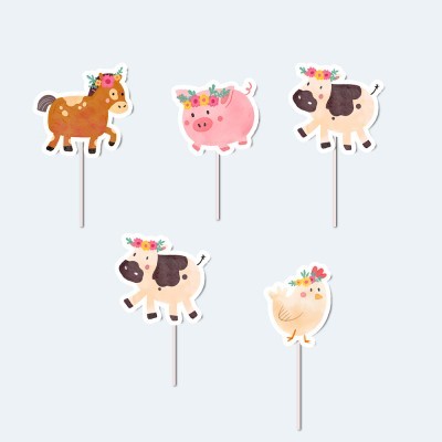 Toppers para bolos de animais de quinta em cartolina com flores coloridas