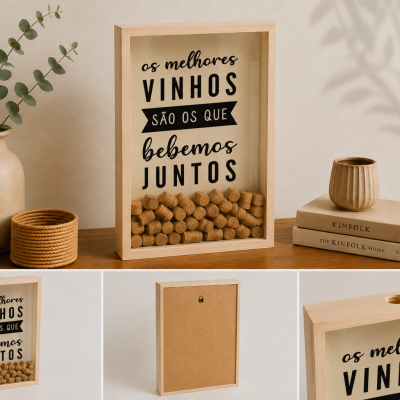 Quadro decorativo com rolhas de cortiça e texto em português sobre vinhos