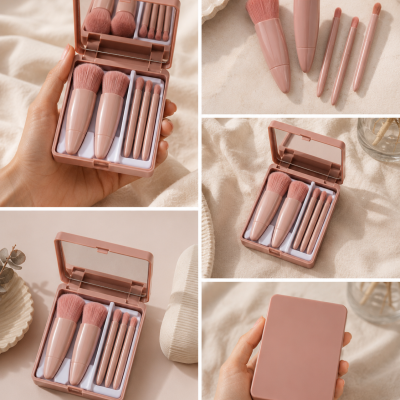 Conjunto de pincéis de maquilhagem rosa numa caixa compacta com espelho