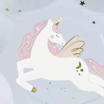 Prato de papel branco com unicórnio rosa e dourado, estrelas douradas e borda dourada
