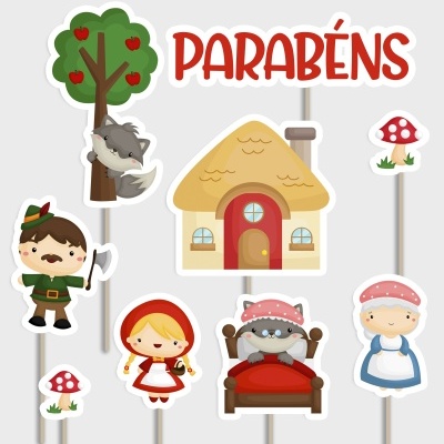 Ilustrações recortadas do conto da Chapeuzinho Vermelho com varas para festa