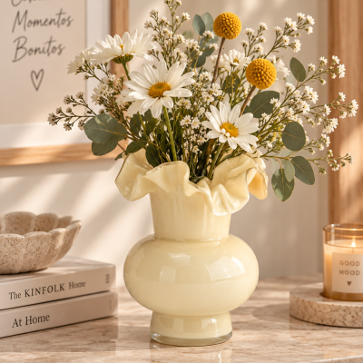 Vaso cerâmico amarelo com flores naturais sobre mesa de mármore