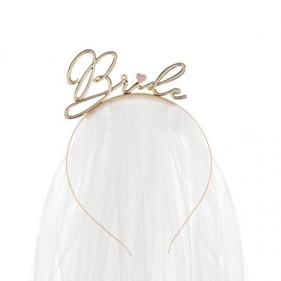 Tiara dourada com véu e texto Bride em dourado com coração rosa