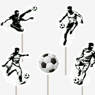 Toppers de cupcake com jogadores de futebol em silhueta preta e bola de futebol branca e preta
