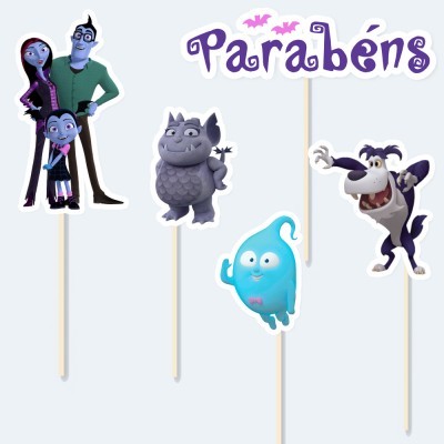 Toppers para bolos com personagens animados coloridos e texto 'Parabéns' em palitos de madeira