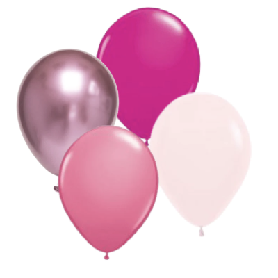 Quatro balões coloridos em rosa metálico, fúcsia, rosa claro e branco