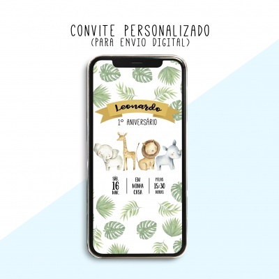 Convite digital de aniversário personalizado com tema de animais e folhas verdes