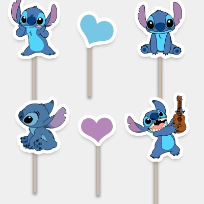 Set de toppers para bolos com personagens azuis e corações coloridos