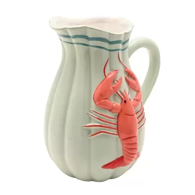 Jarro de cerâmica branco com lagostim vermelho em relevo