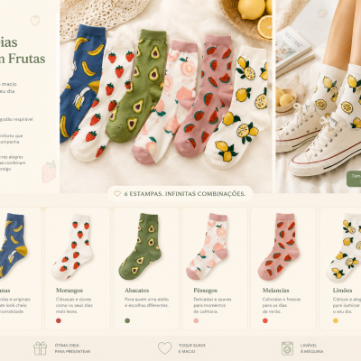 Seis pares de meias com estampas de frutas em algodão com fundo claro.