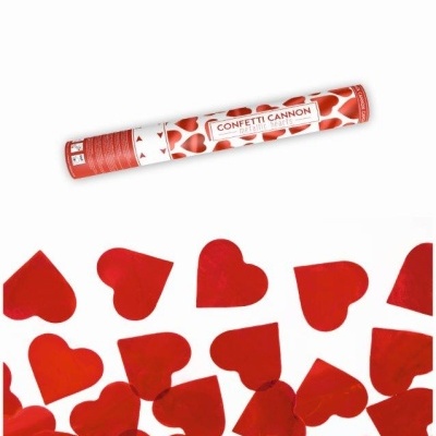 Canhão de confetis com design de corações vermelhos em fundo branco