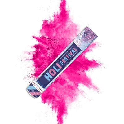 Cilindro decorado com texto HOLI FESTIVAL e pó rosa colorido explodindo