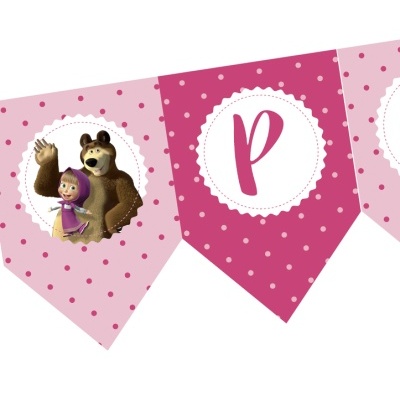 Bandeirola decorativa rosa e lilás com Masha e o Urso e letra P