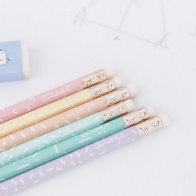 Conjunto de lápis coloridos com borrachas e detalhes metálicos