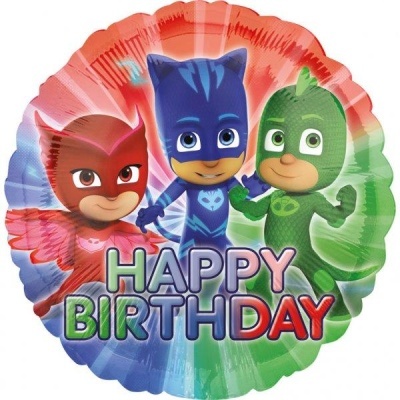Balão redondo com os personagens PJ Masks e texto 'HAPPY BIRTHDAY'