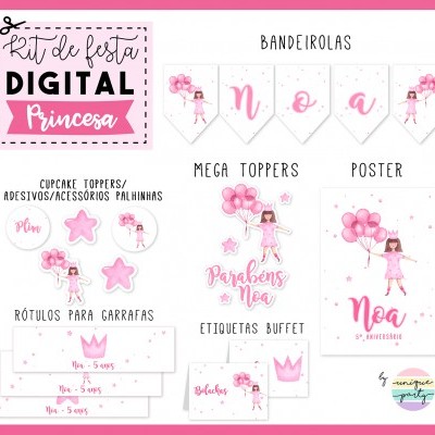 Kit digital de festa princesa com bandeirolas, toppers, poster, cupcake toppers, rótulos para garrafas e etiquetas buffet em tons de rosa e branco