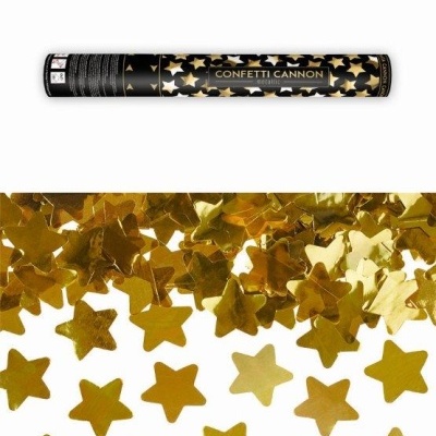 Tubo preto com estrelas douradas e texto CONFETTI CANNON, confetis em forma de estrela dourados