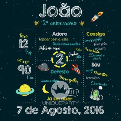 Cartaz de aniversário azul escuro com texto colorido e gráficos espaciais para bebé João