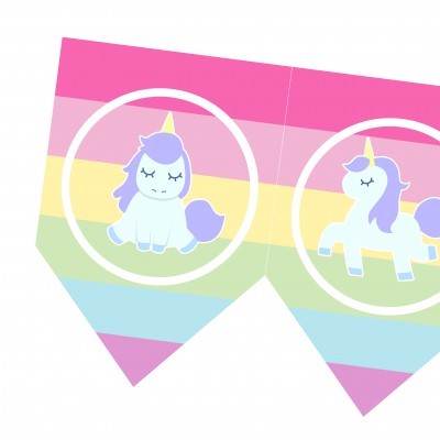 Bandeirolas decorativas coloridas com desenhos de unicórnios