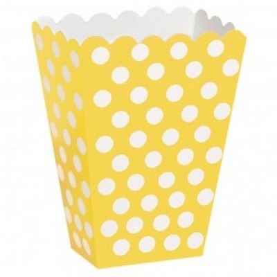 Caixa amarela para pipocas com bolinhas brancas e borda ondulada