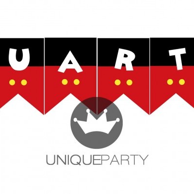 Bandeirola decorativa vermelha e preta com letras e orelhas do Mickey Mouse formando o nome DUARTE